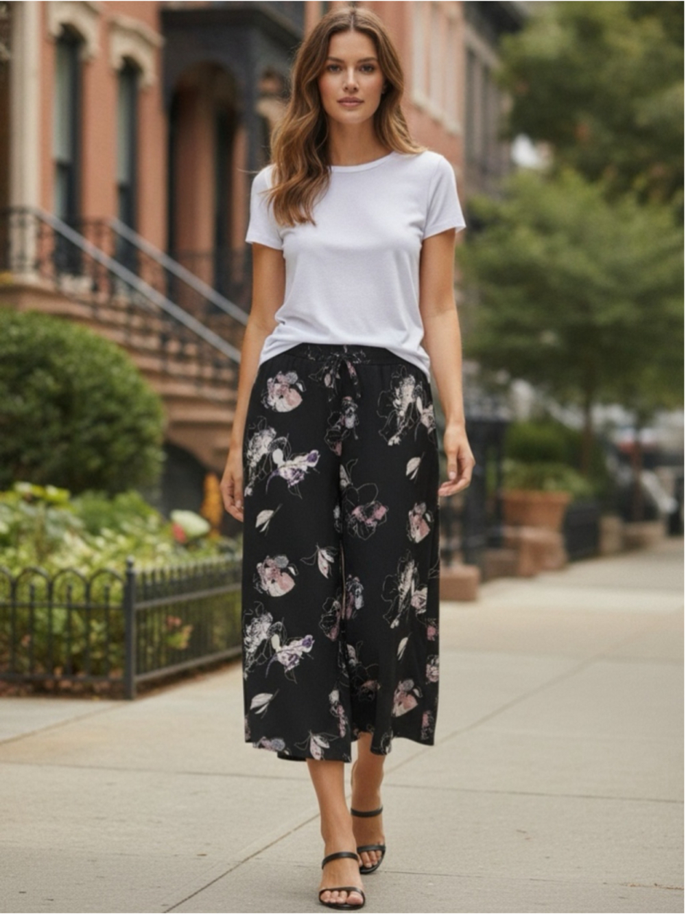 Jules & Leopold Black Floral Wide Leg Crop Pants Pink & Cream Blooms Size 2X